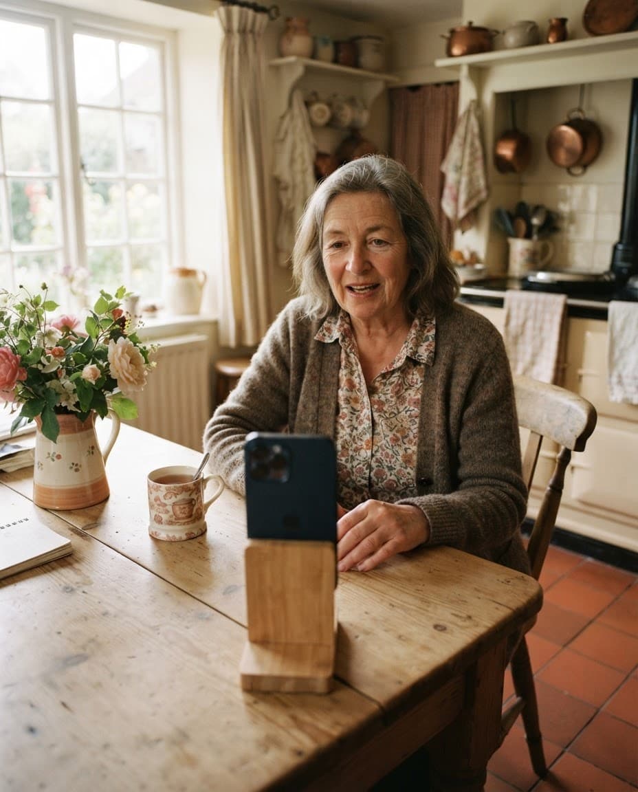 An older woman at a sunlit kitchen table, recording a message on her phone.